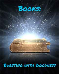 A book emitting blue light with the caption Books - Bursting with Goodness